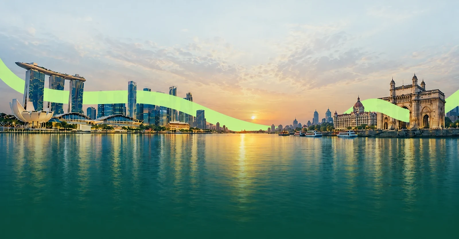 Mumbai and Singapore waterfronts connected by a lime ribbon